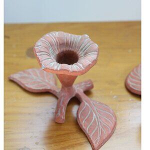 Vintage Set of Flower Candle Holders Metal terracotta Coated with Pattina